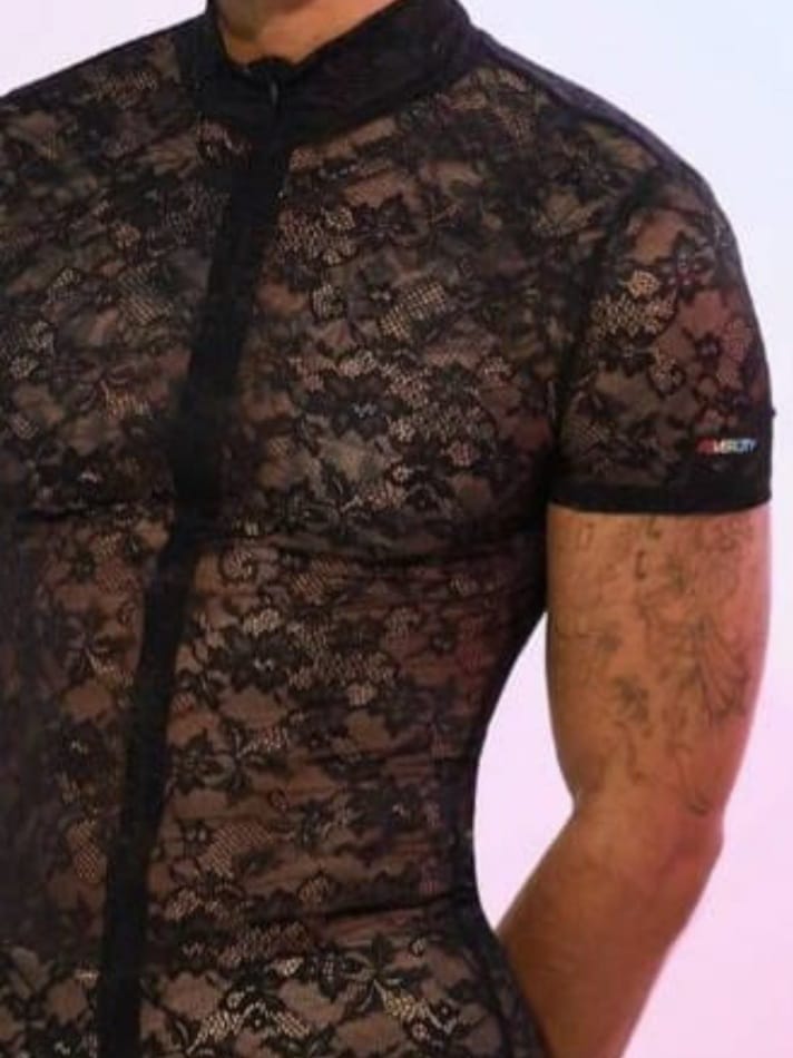 Men's Solid Color Front Button Short Sleeve Lace See-Through Romper